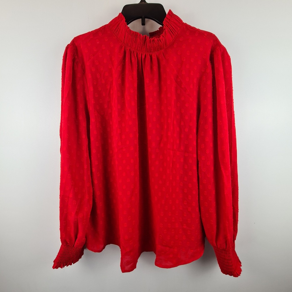LOFT Red Clip Dot Mock Neck Tie Back Blouse XL Long Sleeve Smocked Cuff NWT